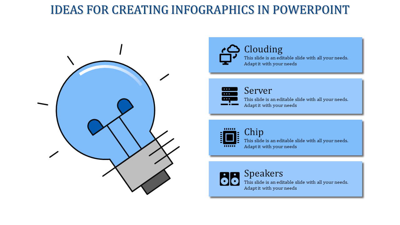 Infographic slide showing a lightbulb and four blue boxes with icons representing technology and information.