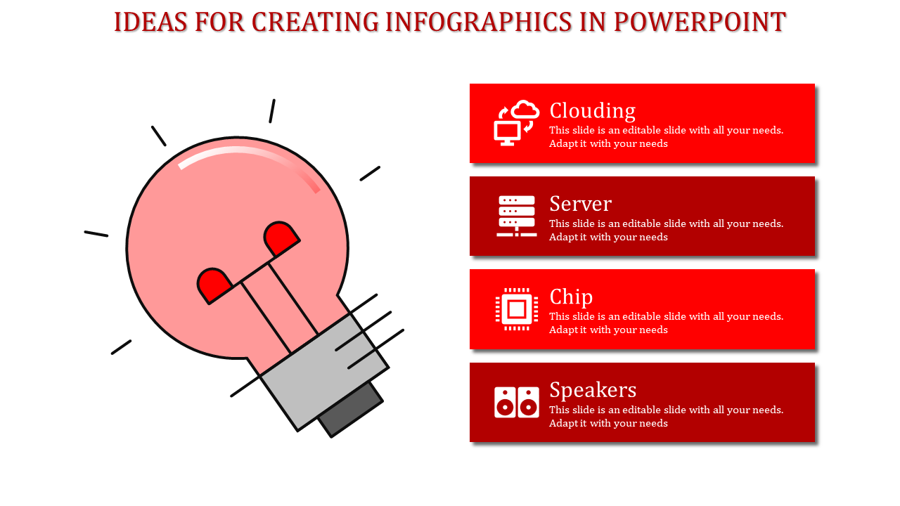 Green lightbulb graphic and four rectangular sections for infographic concepts placed in a white backdrop.