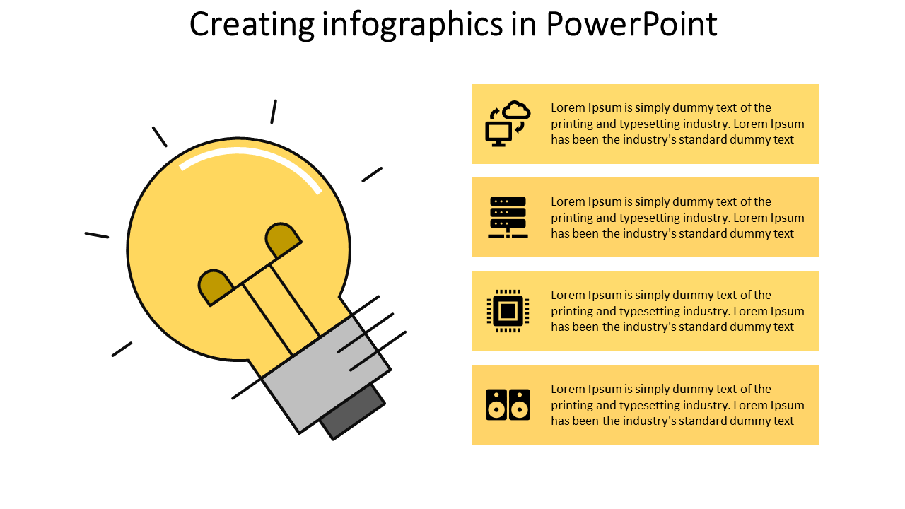 A lightbulb and four yellow boxes with placeholder text, displaying icons for technology related topics.