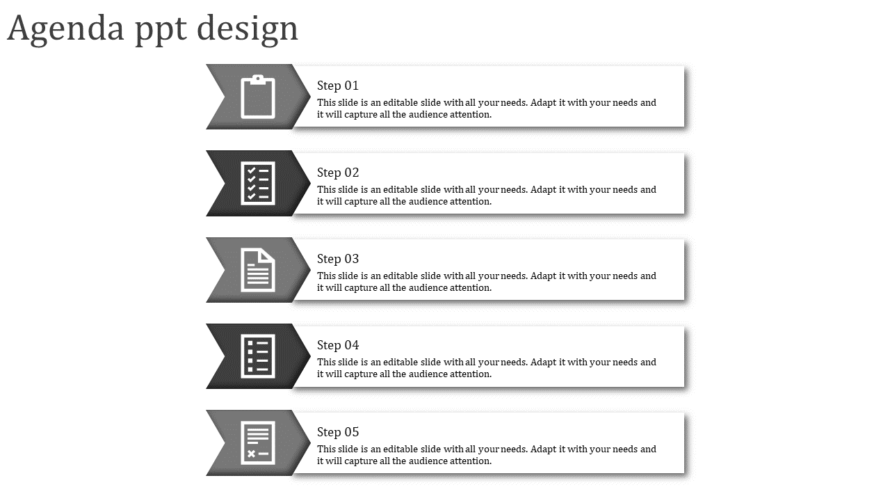 Process flow agenda slide featuring five horizontally aligned steps with gray icons and text sections.