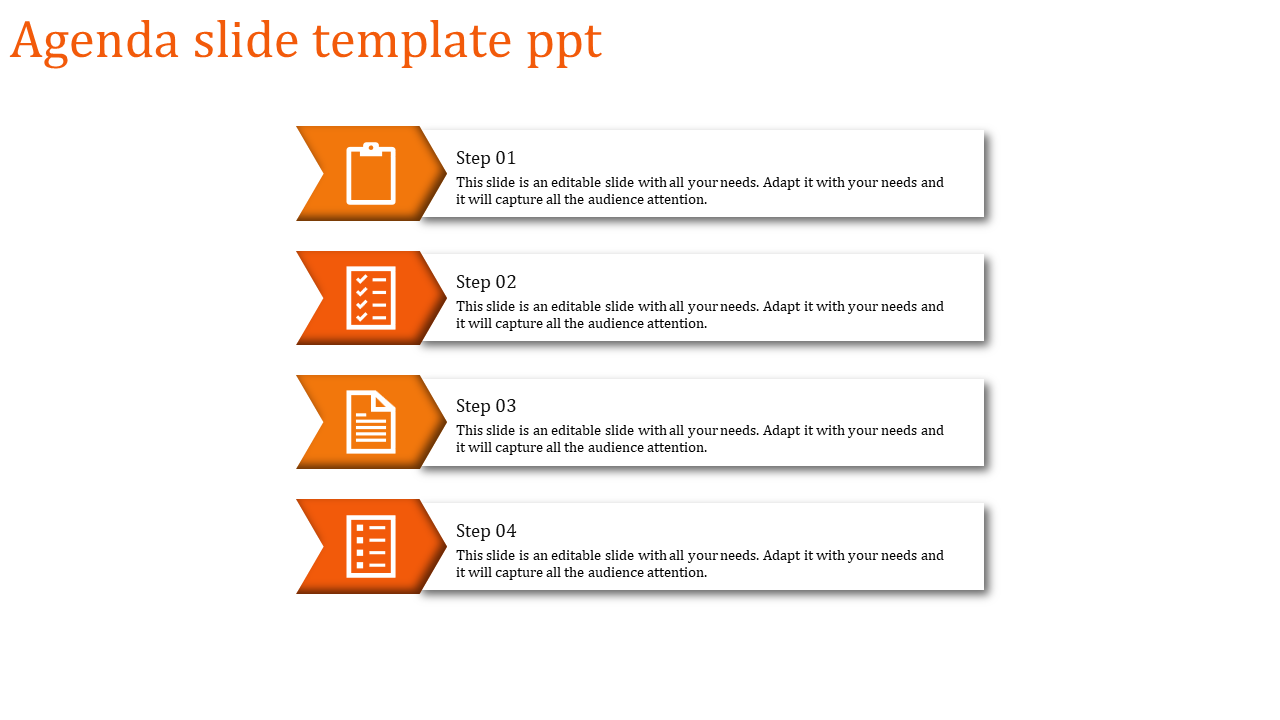 Agenda PPT slide featuring four orange arrow icons paired with text boxes labeled Step 01 to Step 04.