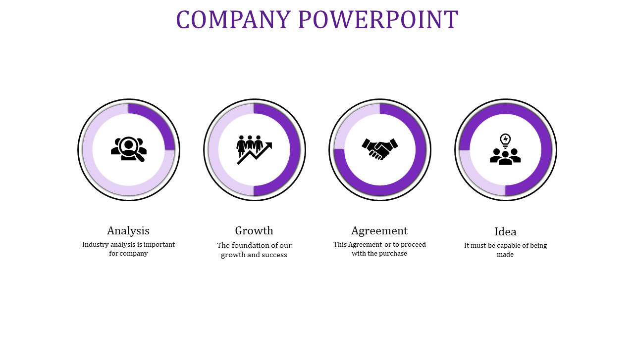 Monochrome company presentation slide with four purple circular icons representing analysis, growth, agreement, and idea.