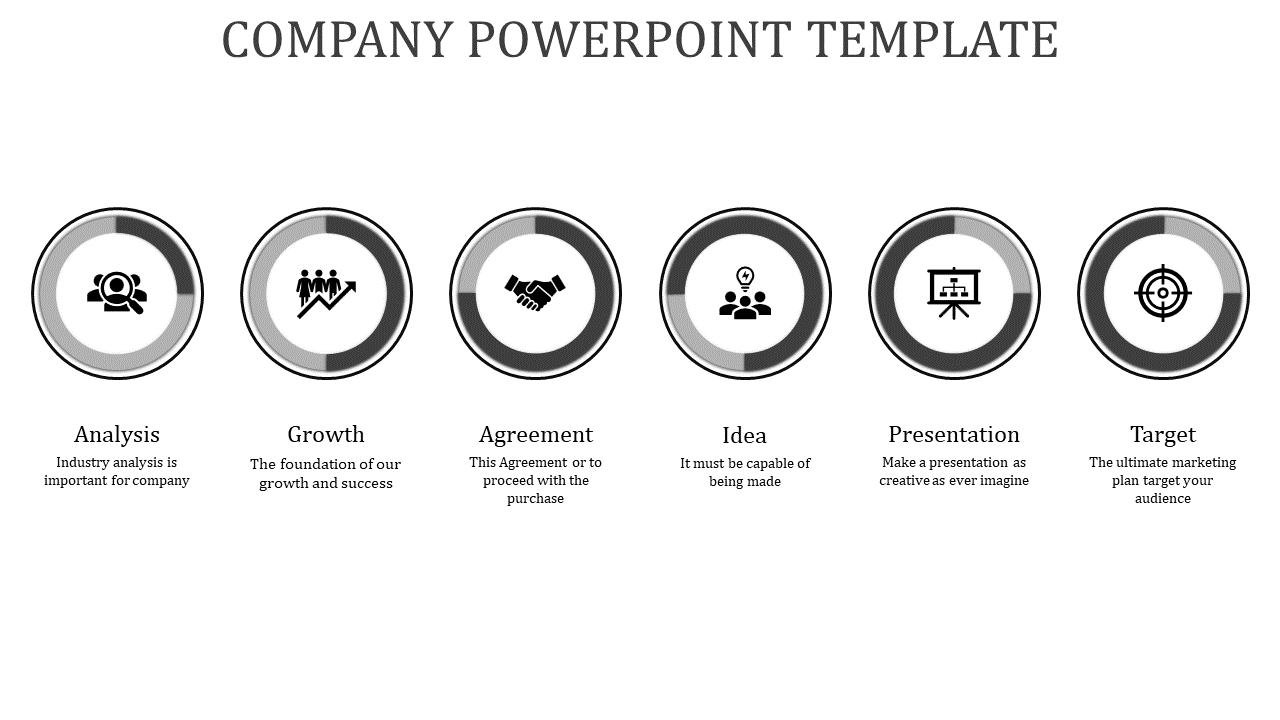Row of six circular gray icons, each with a label and caption, representing business concepts on a white background.