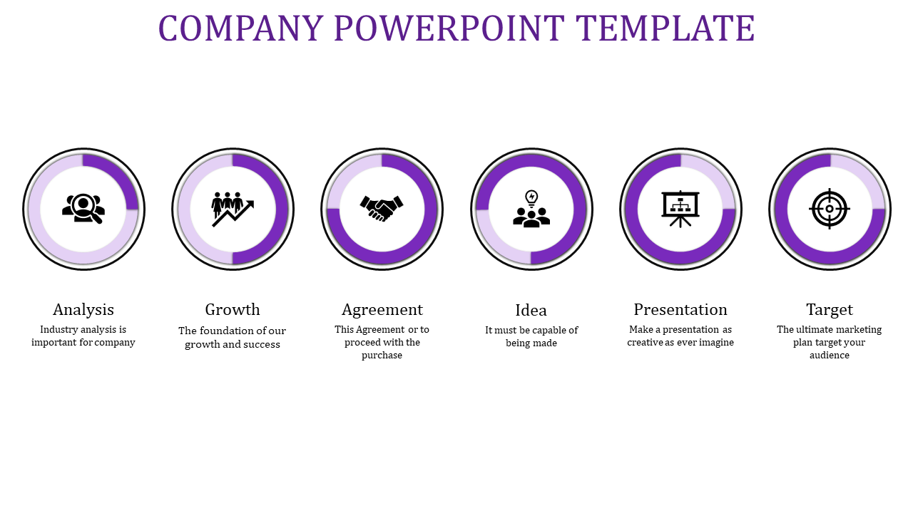 Six purple circular icons with captions arranged in a row, representing business concepts on a white background.