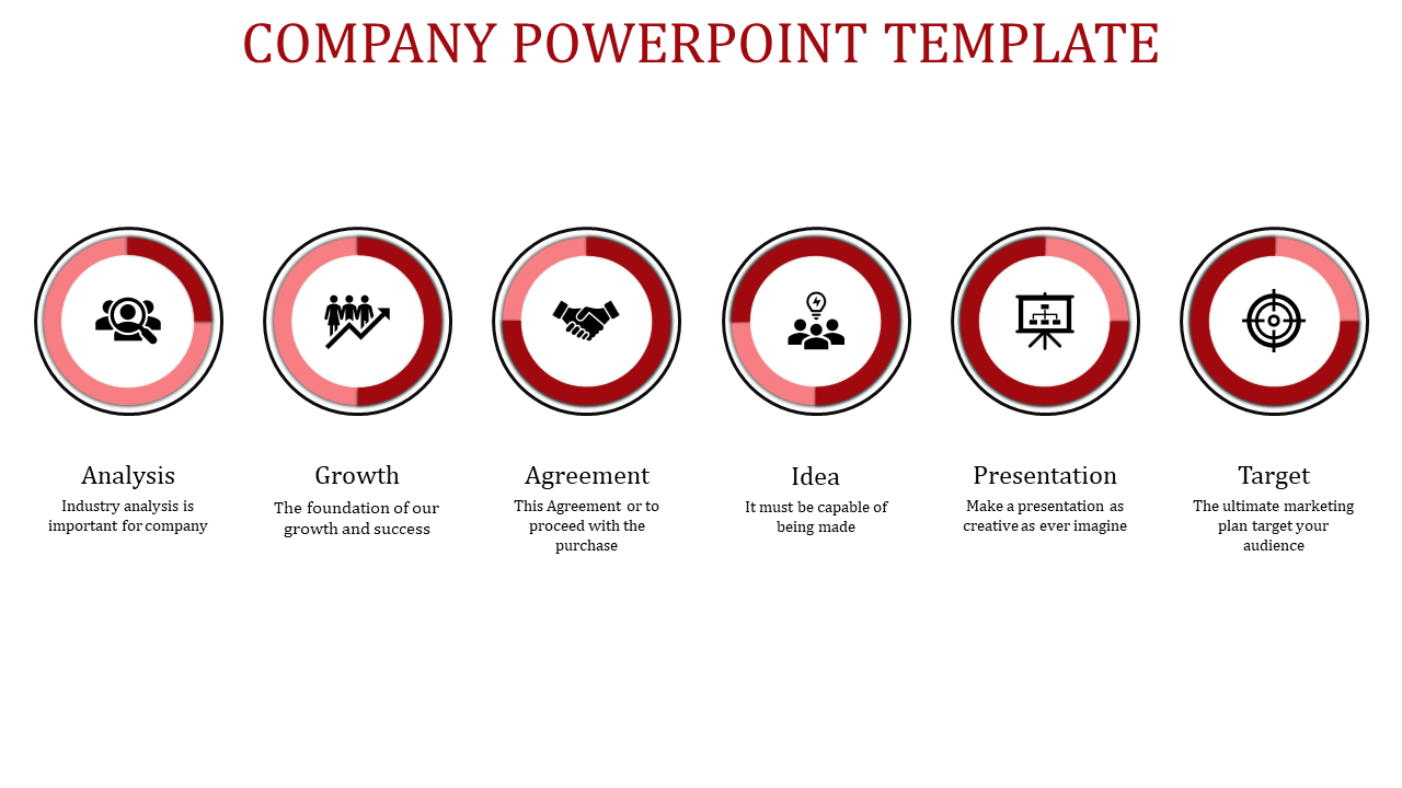 Company PPT slide with six red circular icons representing analysis, growth, agreement, idea, presentation, and target.