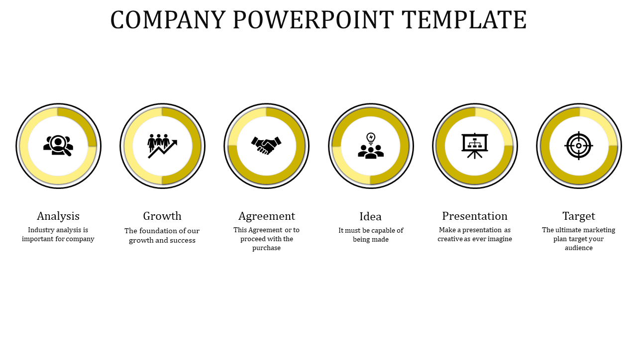 Minimalist company slide displaying six yellow gradient circular icons with black business symbols, arranged in a row.