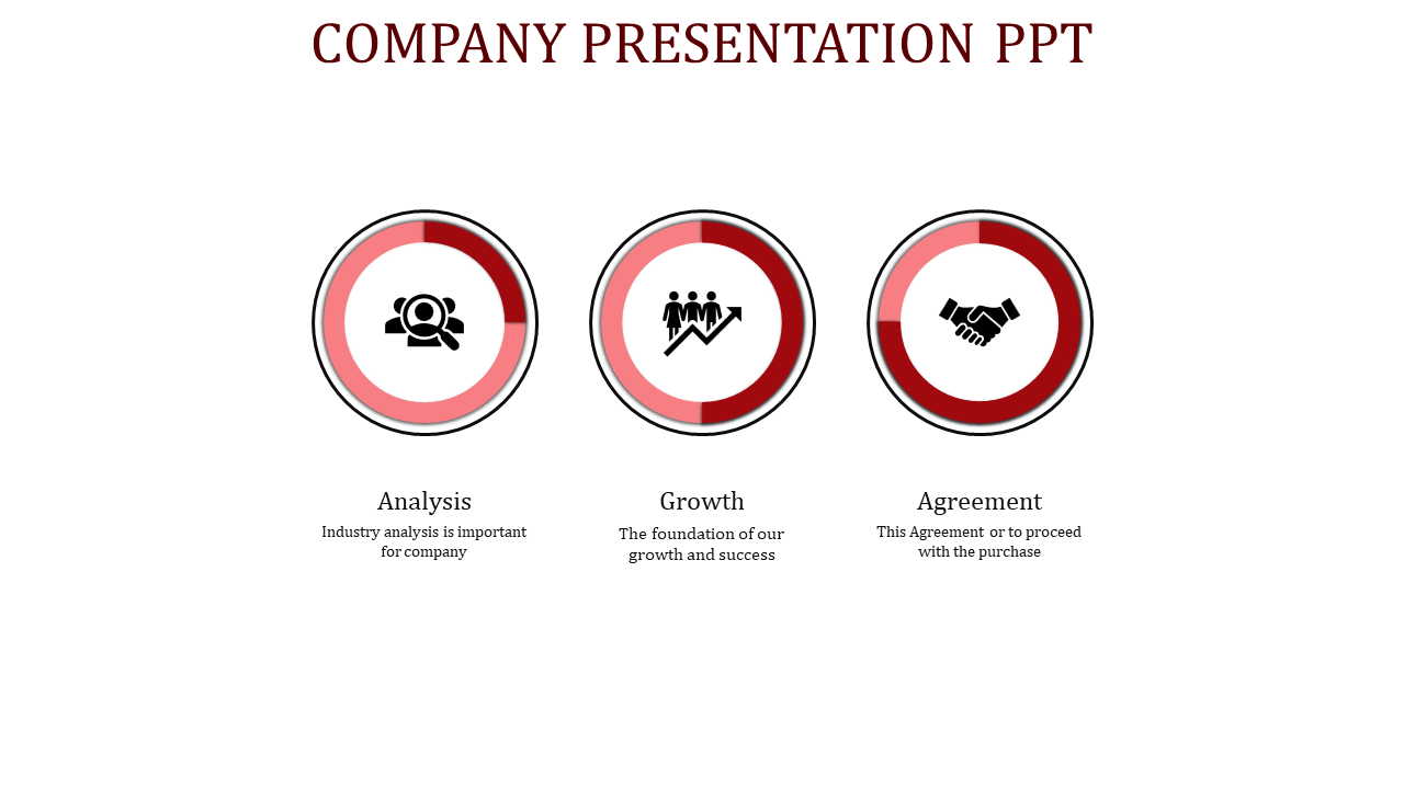 Slide with three circular red gradient icons aligned horizontally, highlighting various business concepts.