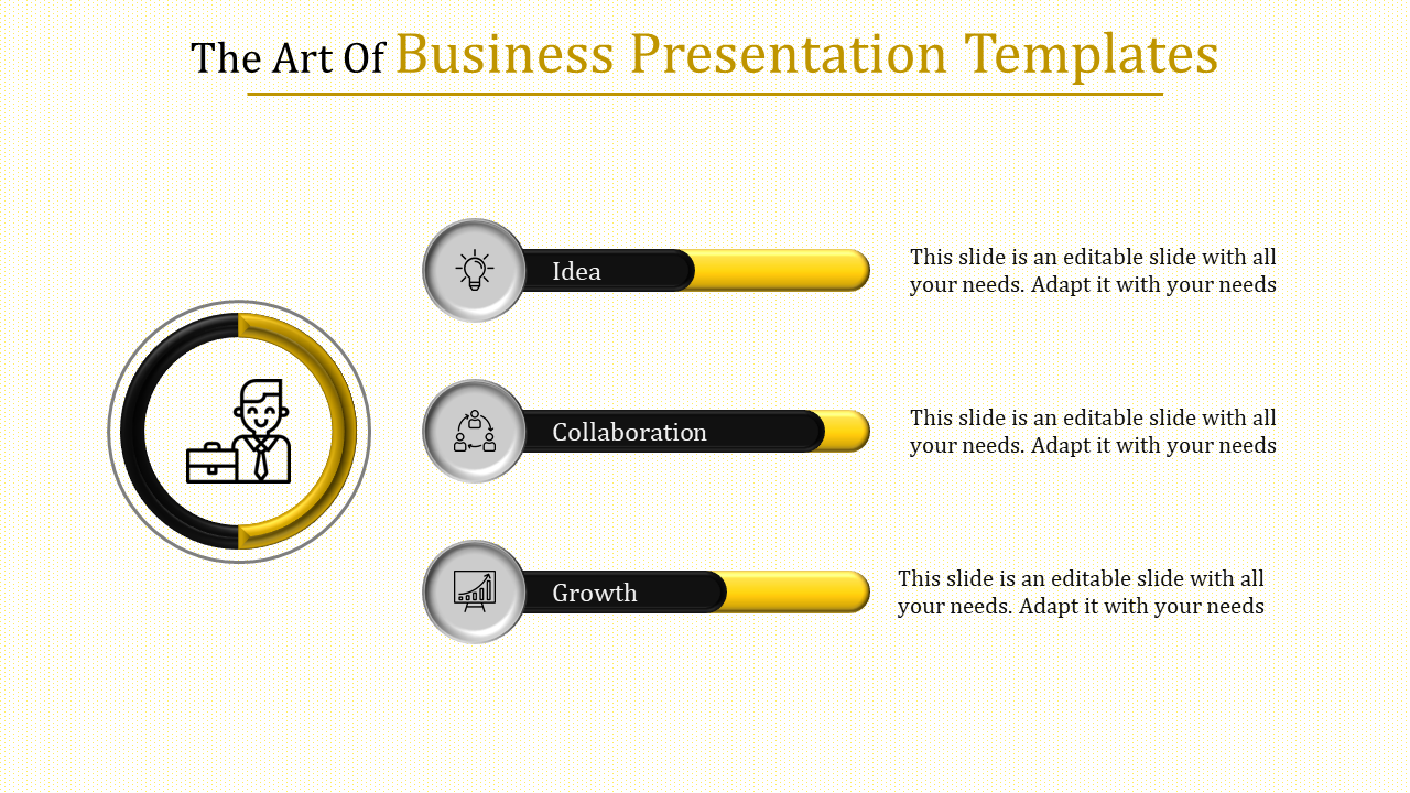 Slide showing a circular icon on the left and three horizontal progress bars in yellow and black for business stages.