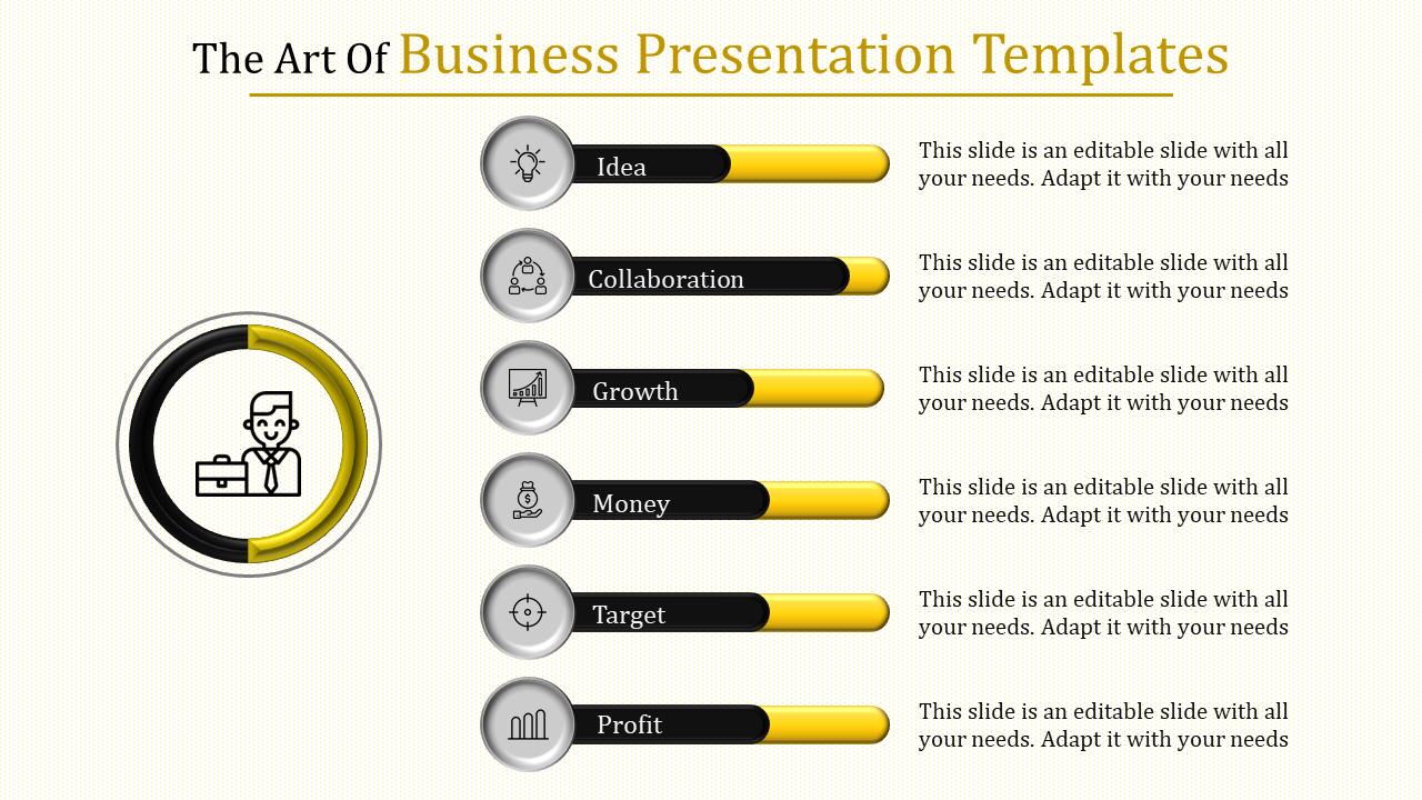 Business slide featuring a circular graphic and six horizontal bars representing idea, collaboration, and other key metrics.