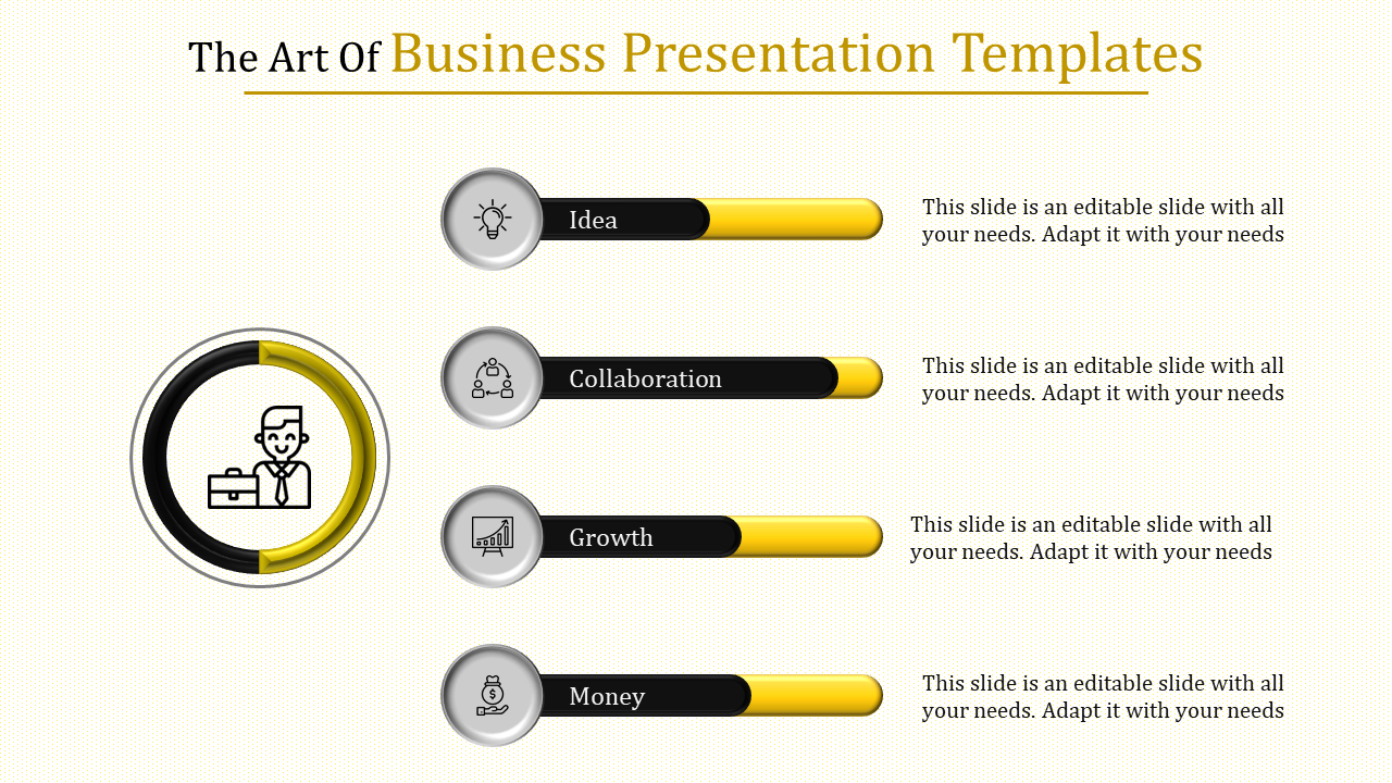 A business template featuring icons for idea, collaboration, growth, and money with progress bars and captions.