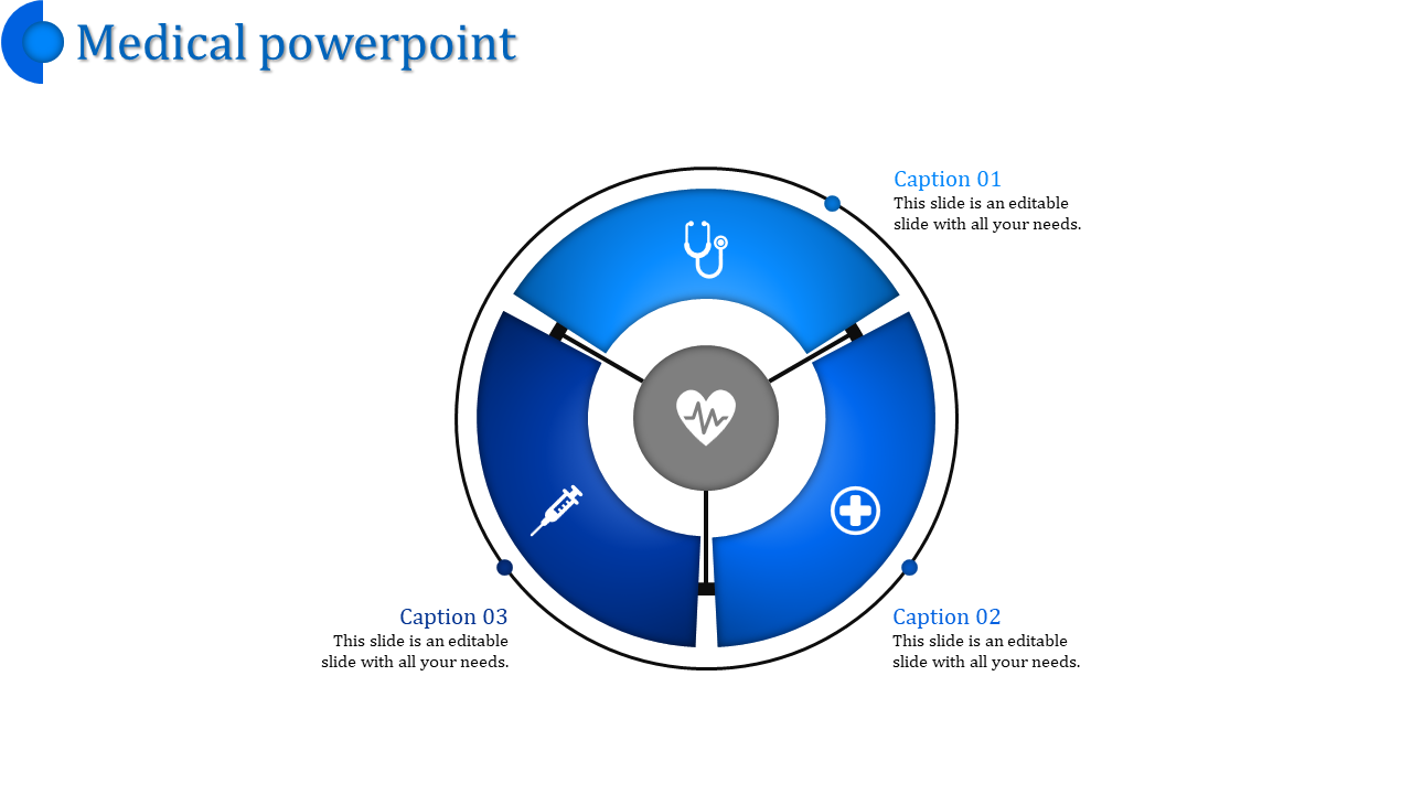 Medical themed PowerPoint template with a circular design and icons representing a stethoscope, syringe, and medical cross.
