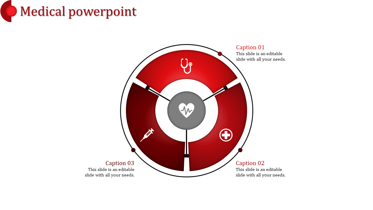 Medical themed PPT template with a red circular design and icons representing a stethoscope, syringe, and medical cross.