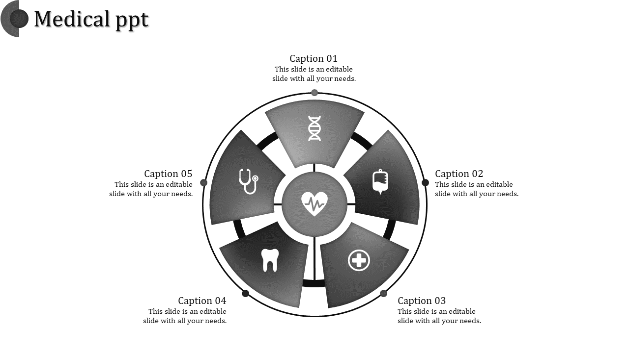 Medical PPT slide featuring circular icons representing healthcare elements like stethoscope, DNA, and health symbols.