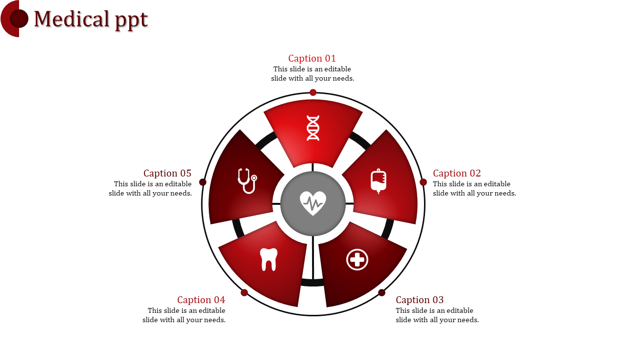 Red circular medical infographic with five sections featuring healthcare icons around a central heartbeat symbol.