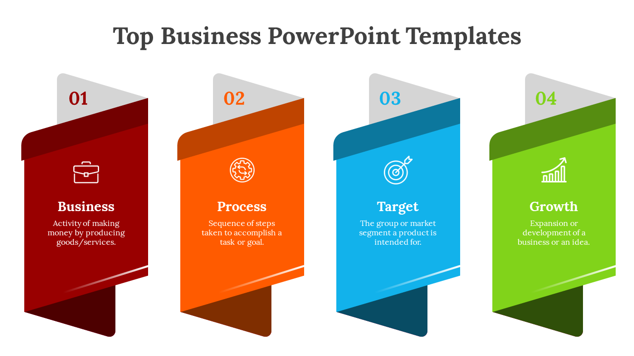 Four numbered tabs in red, orange, blue, and green, each with an icon and text, representing business concepts.