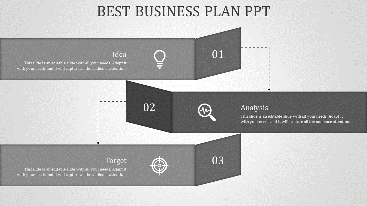 Corporate business planning slide with three sequential stages, each represented by a labeled banner with icons.