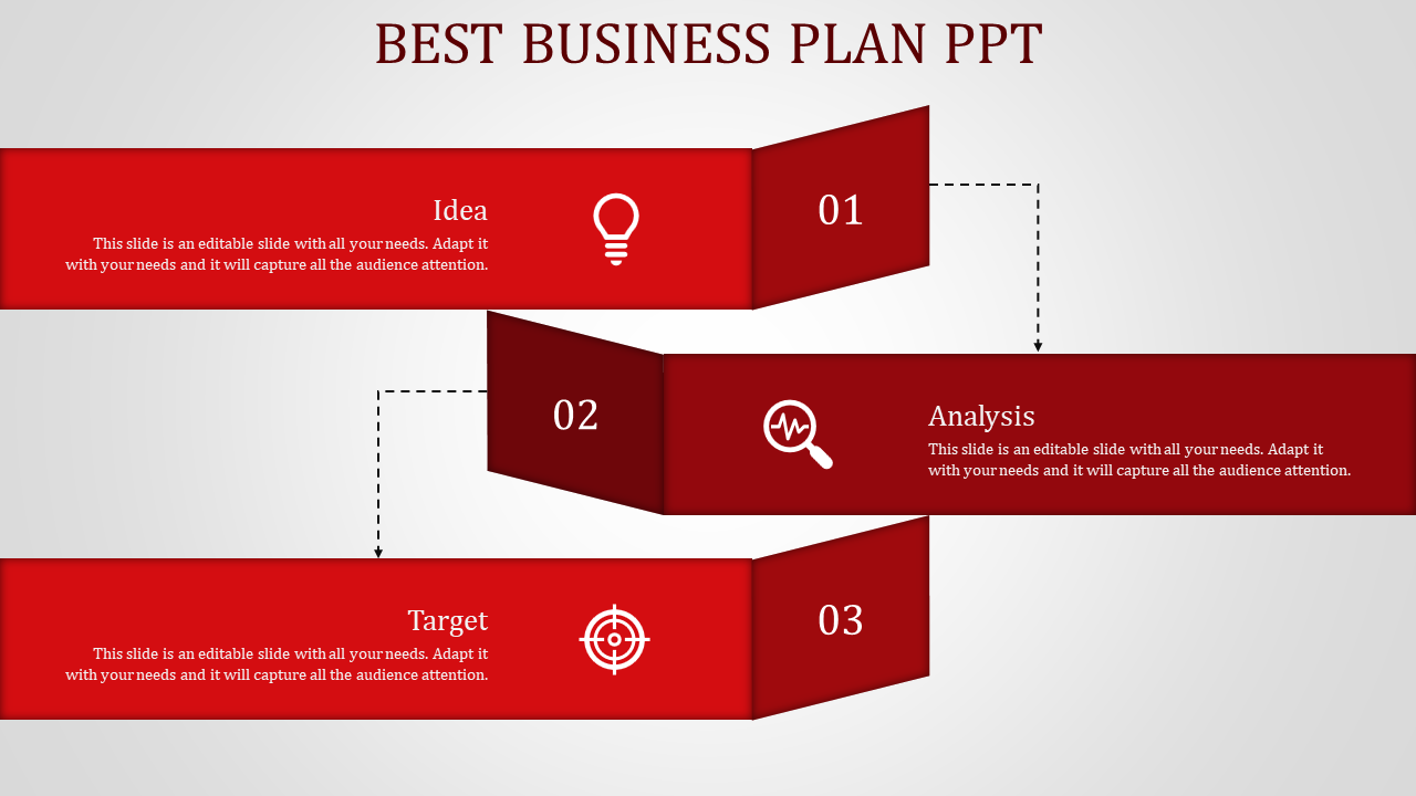 Three red gradient design with icons and text on banners, aligned in sequence, connected by dotted lines indicating flow.