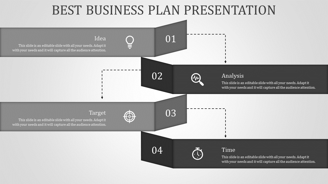 Four layered gray business steps with numbered sections and icons representing planning stages, linked by dotted arrows.