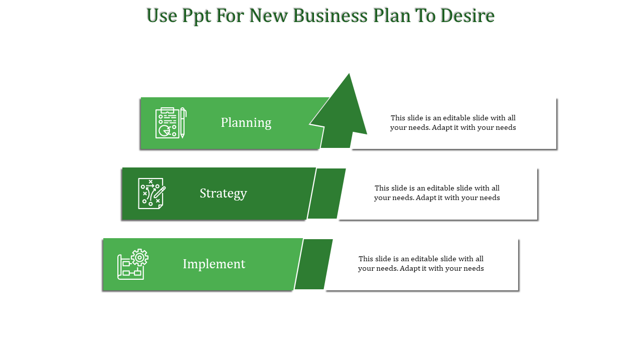 A green colored slide displaying a business plan with three stages each represented by icons and connected by arrows.