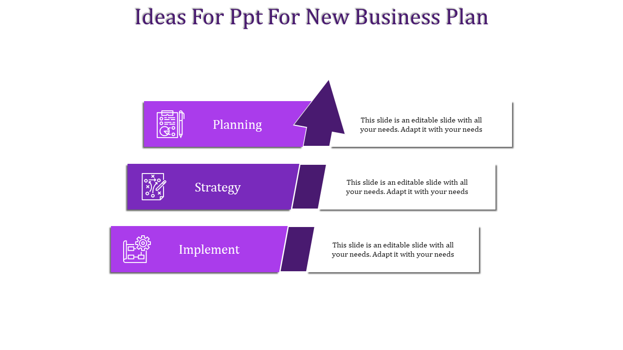Three purple arrow shaped steps with icons and text boxes, arranged in a vertical layout on a white background.