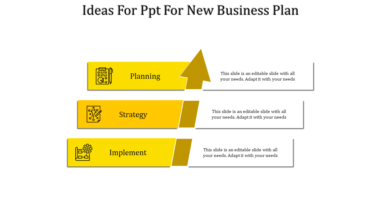 Three stage business plan diagram with labeled orange boxes and angular arrows pointing to text placeholders.