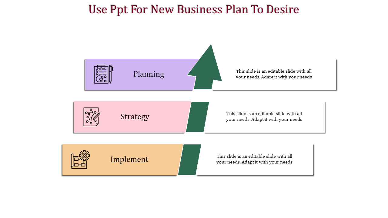 A colorful slide for a business plan, featuring three sections each with a corresponding icon and arrow pointing forward.