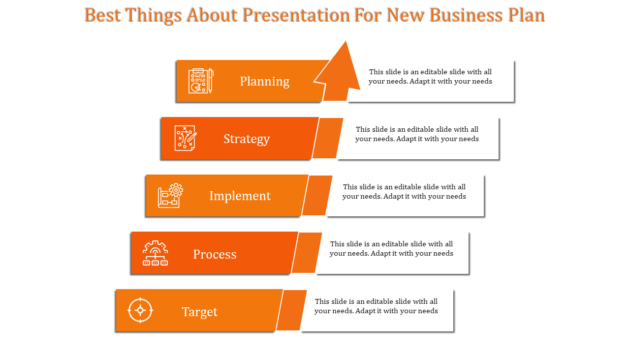 An orange PowerPoint slide showing the key stages of a new business plan with icons representing each step.