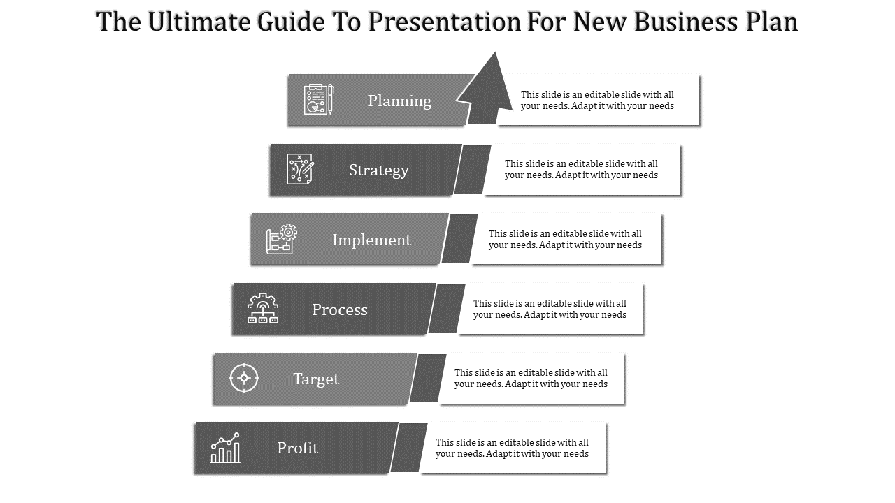 A grey PPT slide showing the essential steps for creating a new business plan each with icons and placeholder text.