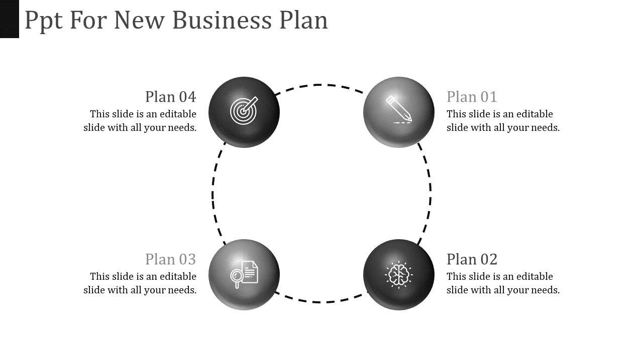 Business plan slide with four-step circular infographic with gradient icons of a target, pencil, document, and brain.