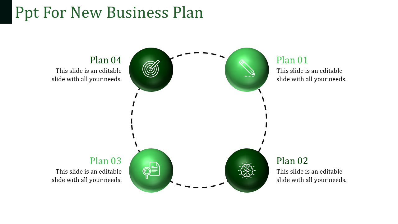 PPT slide featuring four green icons representing business plans, arranged in a circular pattern with placeholder text.