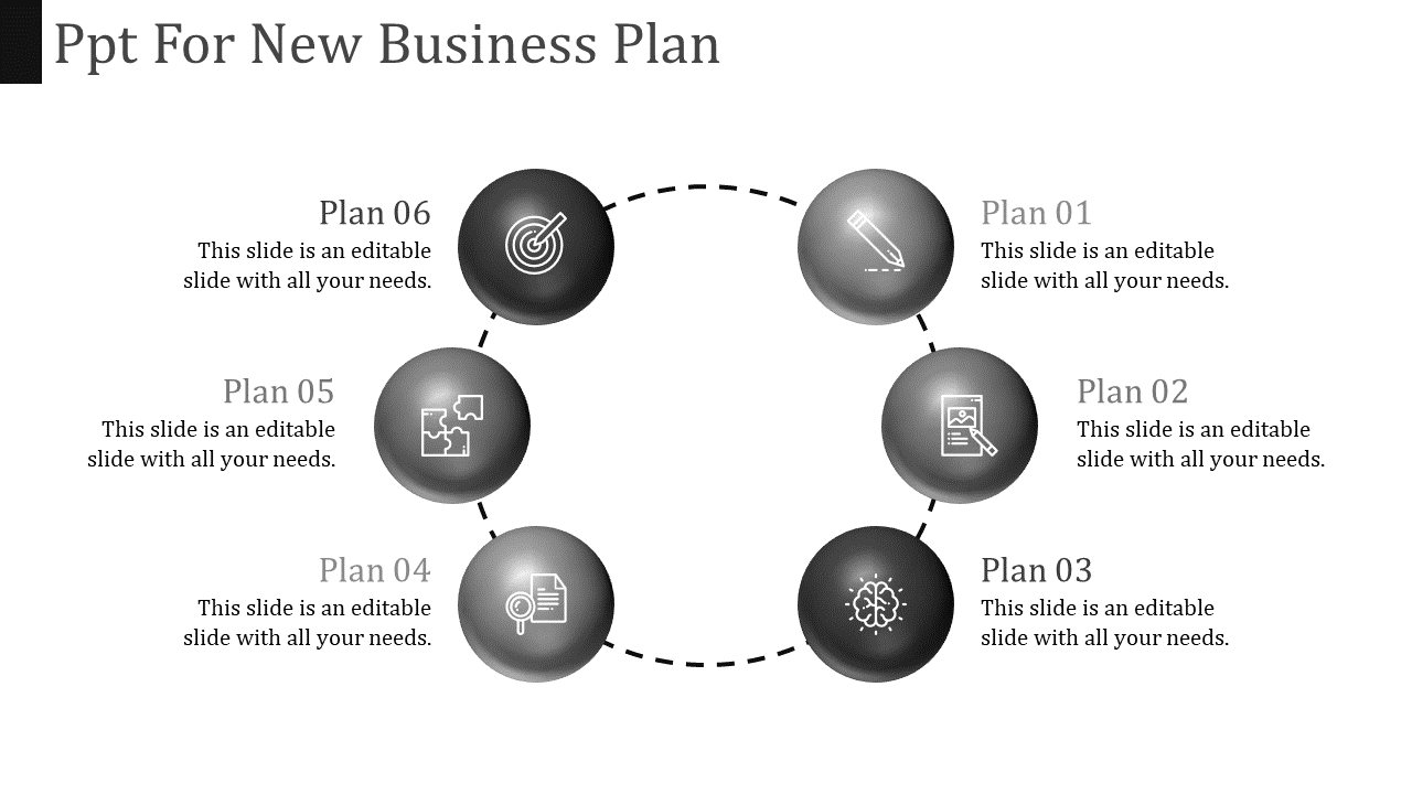 Circular layout with six gray glossy spheres connected by dashed lines, each containing white icons and captions.