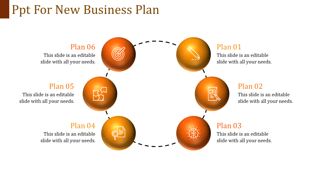 Business plan infographic showing a circular layout of six orange glowing spheres with icons connected by dashed lines.