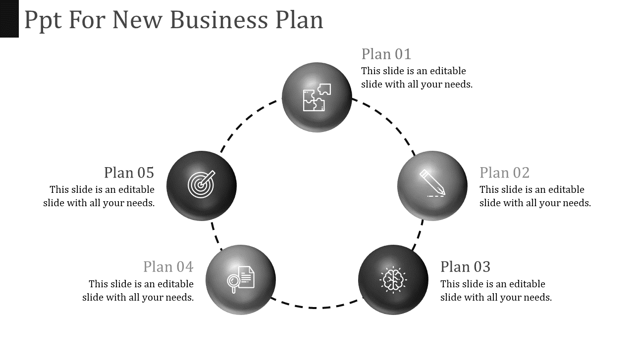 Minimalist circular flowchart with five connected black spheres, each containing a business-related icon and plan label.