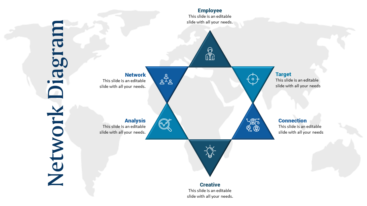 Hexagonal star shaped network diagram with six blue sections, featuring icons, over a world map background.
