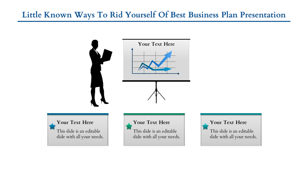 Silhouette of a person standing beside a presentation screen showing a blue line graph, with three text boxes below.