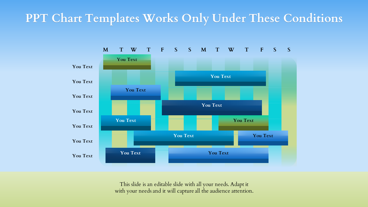 Chart slide featuring a weekly schedule with colored blocks for each day with placeholders set against a gradient background.