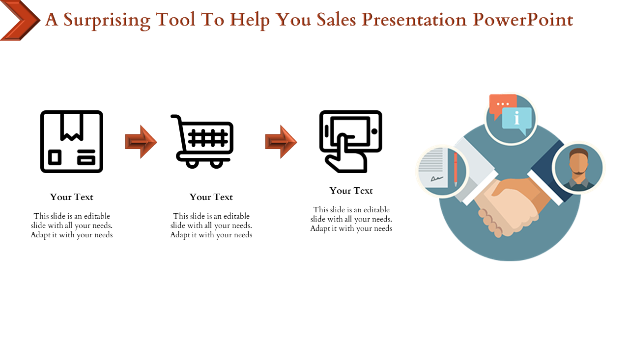 Sales process template with three linear icons connected by arrows and a final circular graphic of a handshake.