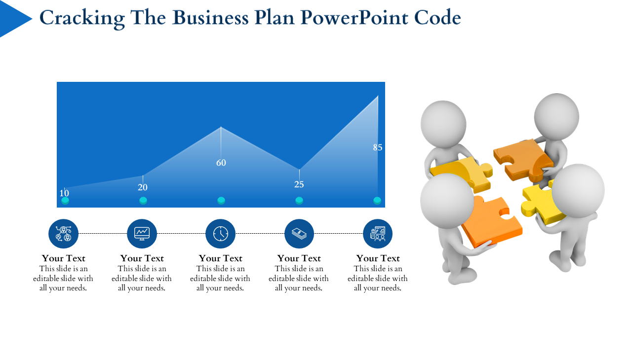Business chart showing an upward line graph and four 3D figures assembling yellow and orange puzzle pieces