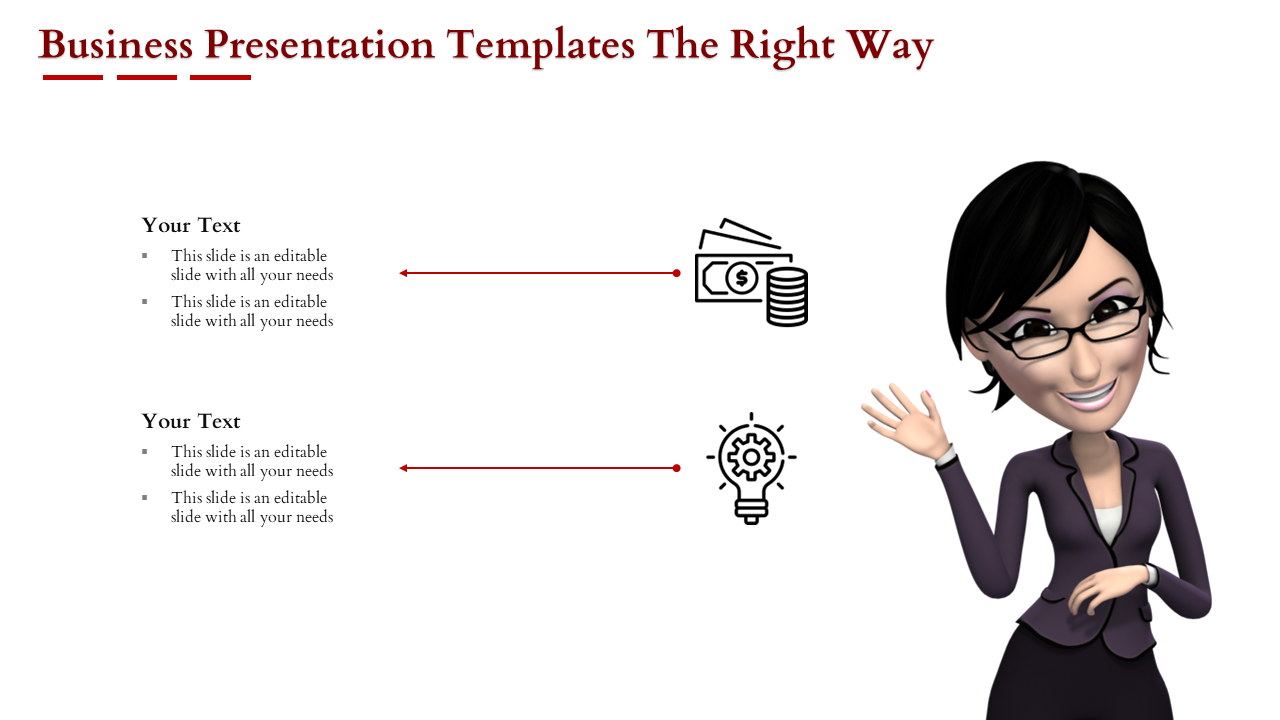 Business template showing text placeholders with money and idea icons, alongside a waving cartoon woman in a suit.