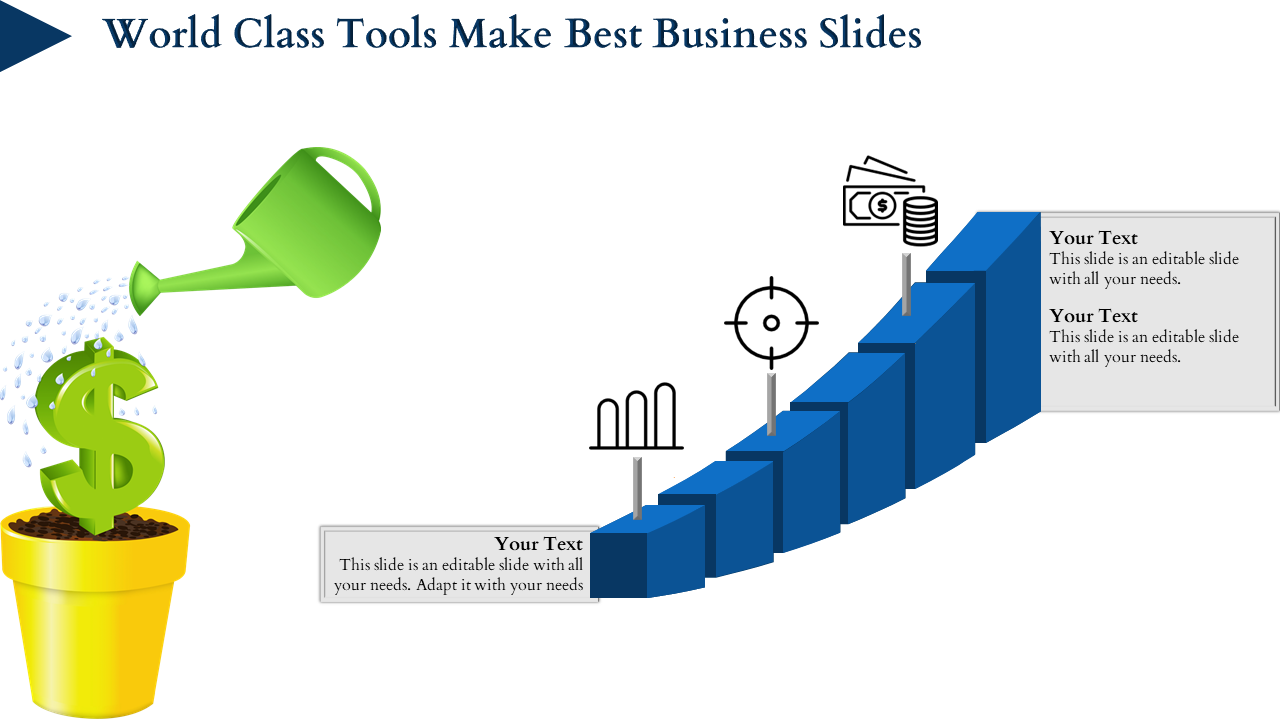 Illustration of business growth with a dollar plant being watered, blue upward steps, and target, graph, and money icons.