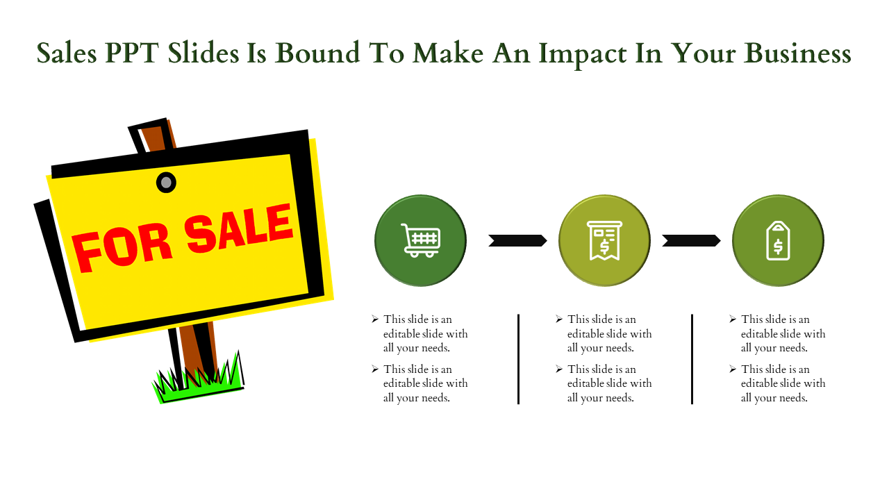 Sales slide with a yellow signboard labeled for sale and three green circular icons in a process flow format.