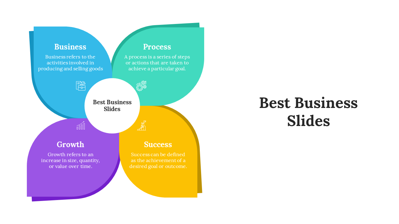 Business concept slide featuring a colorful flower model sections from Business to Success, with definitions and icons.