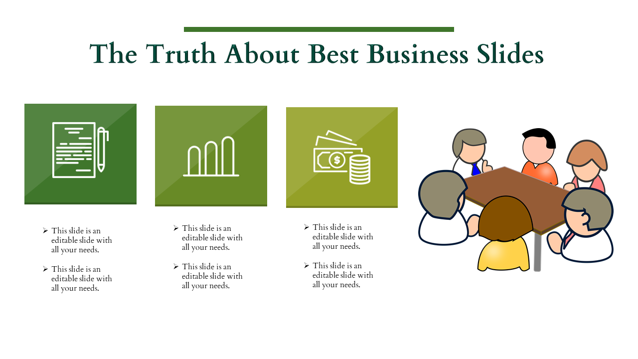 Business slide featuring three green icons for writing, analytics, and finance, alongside a group discussion illustration.