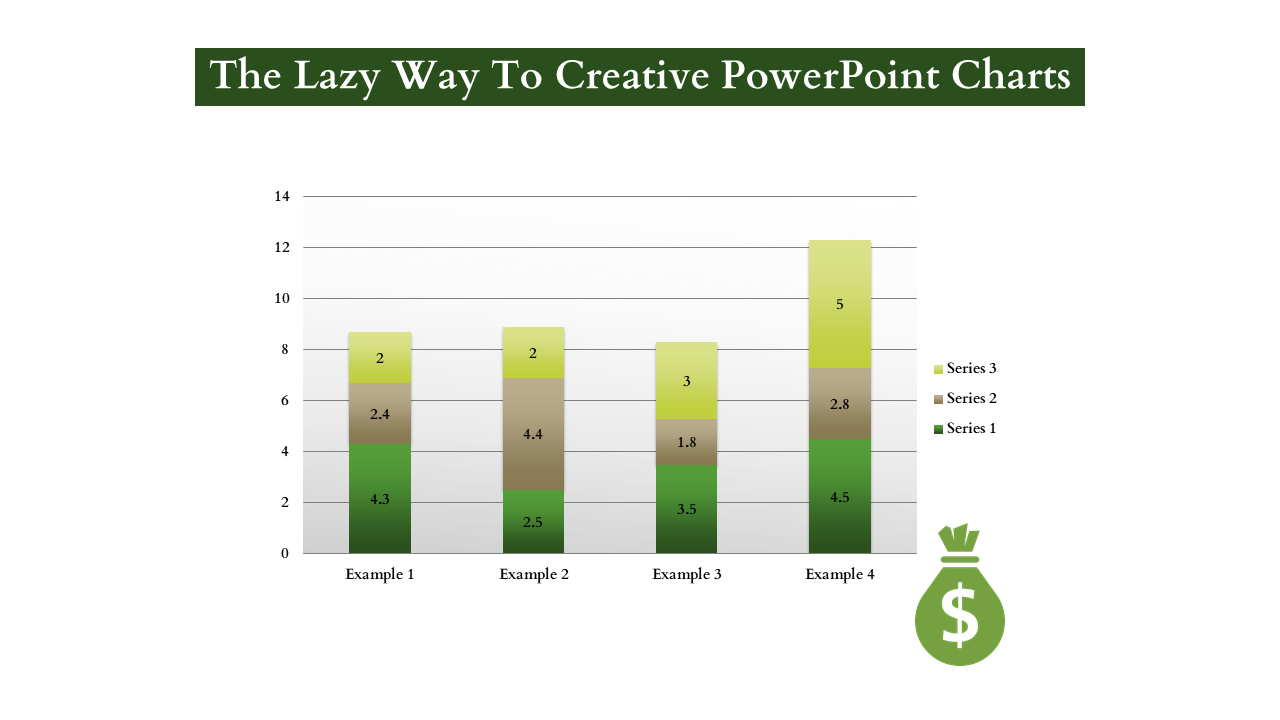 Creative chart slide displaying a stacked bar chart with four examples and three different series, labeled 1, 2, and 3.