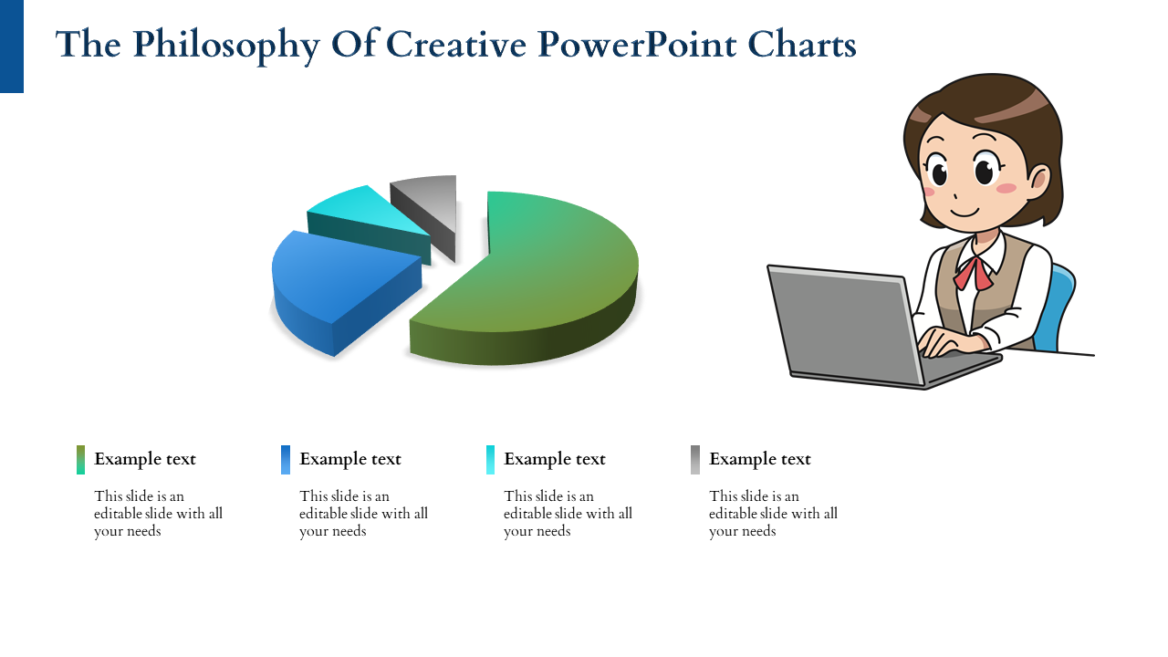Creative chart slide with a 3D pie chart in different colors and text placeholders with a character working on a laptop.