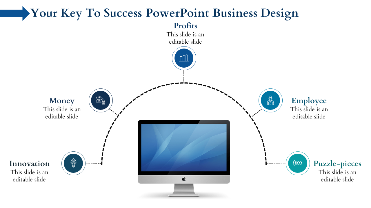 Business success slide design with icons from innovation to puzzle pieces, connected by dotted lines with placeholder text.
