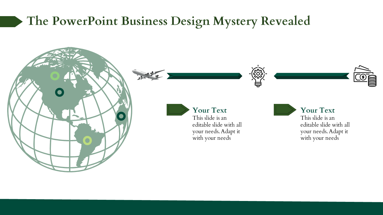 Business infographic with a globe, location pins, airplane, lightbulb, and currency icons connected by horizontal arrows.