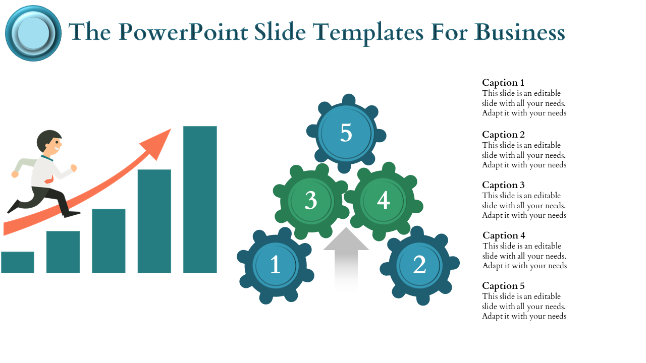 Business growth concept showing a man climbing an upward orange arrow over a bar graph and five gears.