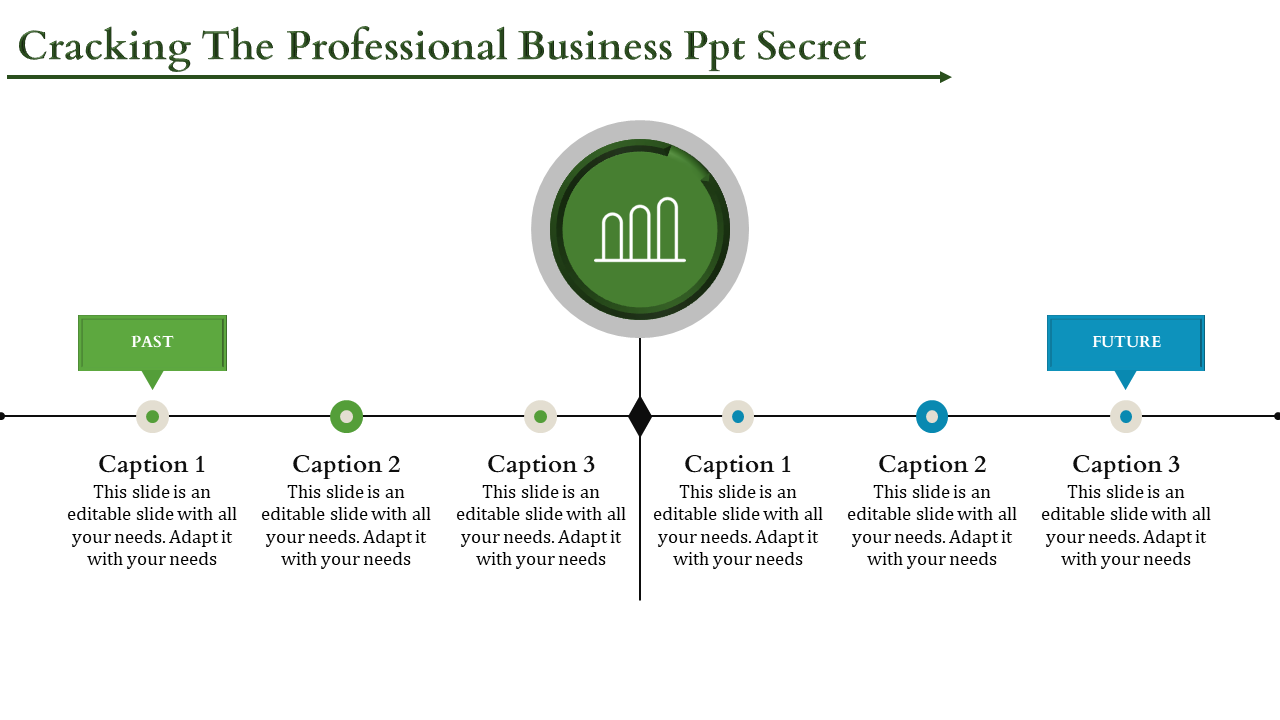 Business timeline slide with central growth chart icon, past and future markers, and caption areas.