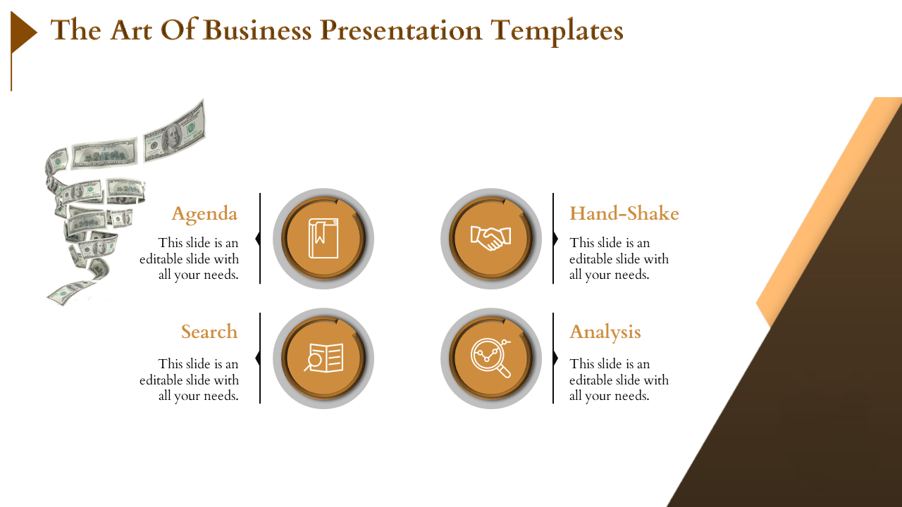 Slide with a swirling stack of money on the left and four gold circular icons paired with text descriptions.